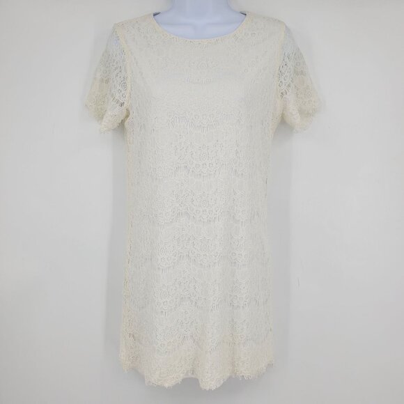 Lulus Take Me to Brunch Ivory Lace Short Sleeved Boho Shift Dress Medium - Picture 2 of 11